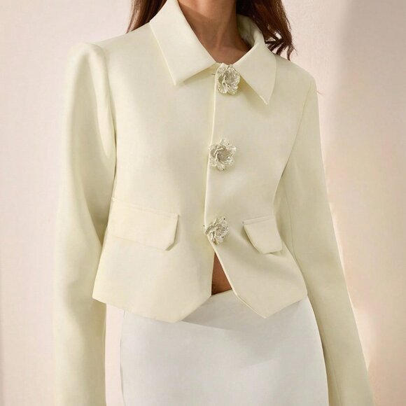 Yellow Elegant Women's Formal Blazer with Ornate Floral Details